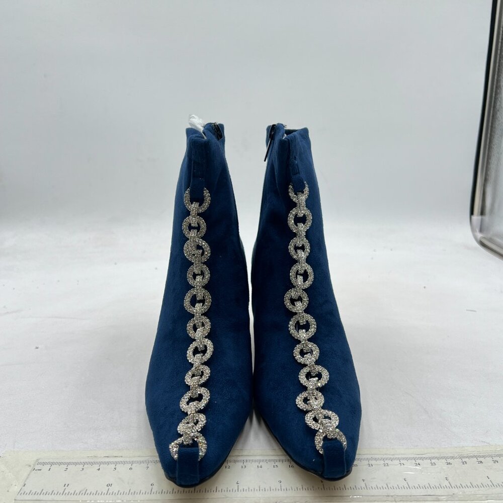 XYD Dark Blue Chain Link Closed Toe Ankle Boots Low Chunky Crystal Gem Heel Boot - Picture 3 of 8